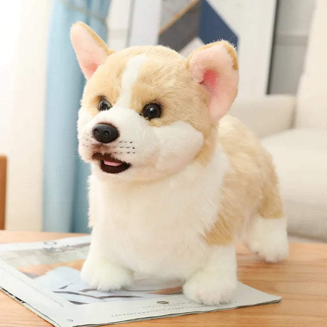 A plush dog toy with a realistic design, featuring lifelike details and a soft, huggable texture, perfect for cuddling, playtime, or as a decorative piece for dog lovers.