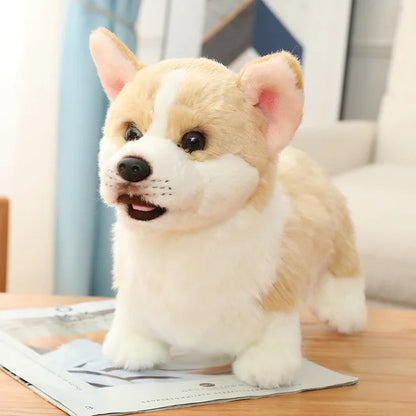 A plush dog toy with a realistic design, featuring lifelike details and a soft, huggable texture, perfect for cuddling, playtime, or as a decorative piece for dog lovers.