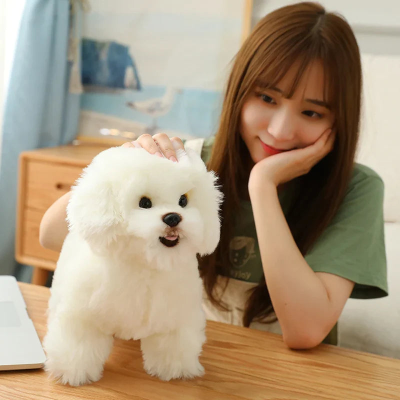 A plush dog toy with a realistic design, featuring lifelike details and a soft, huggable texture, perfect for cuddling, playtime, or as a decorative piece for dog lovers.