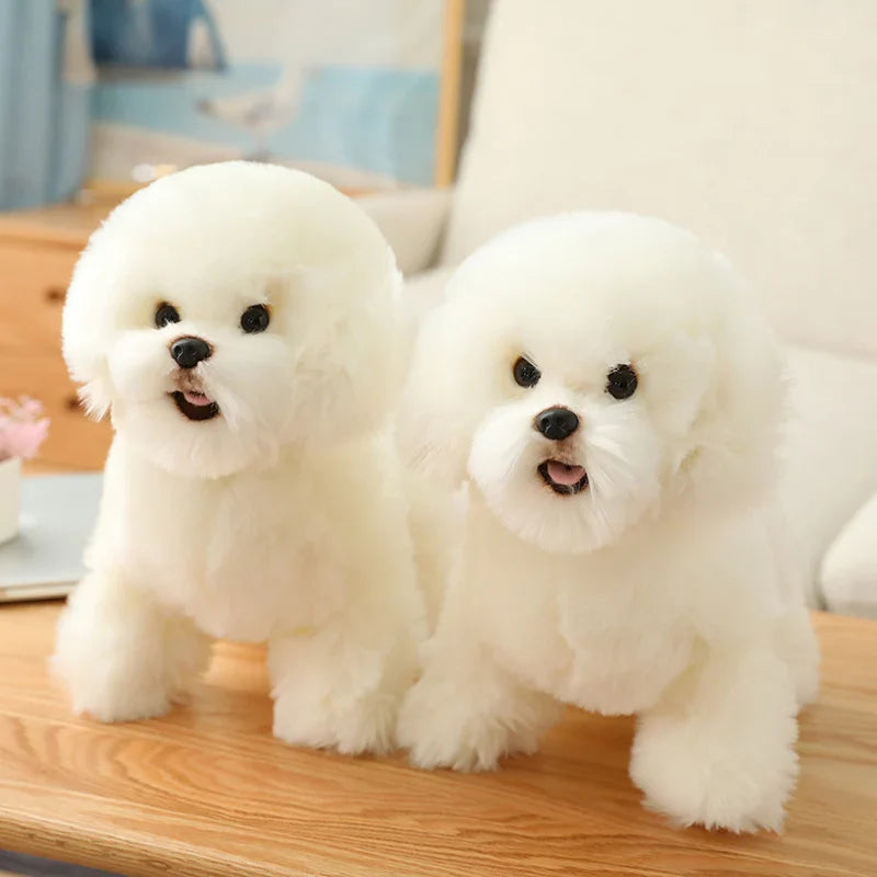 A plush dog toy with a realistic design, featuring lifelike details and a soft, huggable texture, perfect for cuddling, playtime, or as a decorative piece for dog lovers.