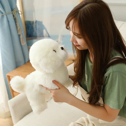 A plush dog toy with a realistic design, featuring lifelike details and a soft, huggable texture, perfect for cuddling, playtime, or as a decorative piece for dog lovers.