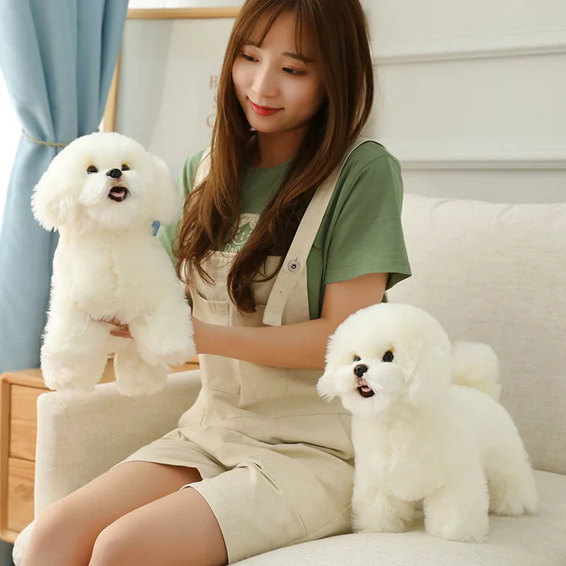A plush dog toy with a realistic design, featuring lifelike details and a soft, huggable texture, perfect for cuddling, playtime, or as a decorative piece for dog lovers.