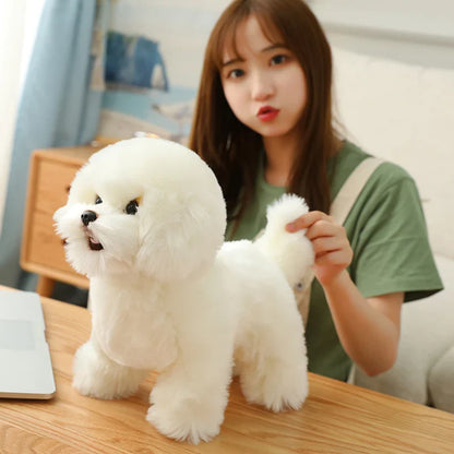 A plush dog toy with a realistic design, featuring lifelike details and a soft, huggable texture, perfect for cuddling, playtime, or as a decorative piece for dog lovers.