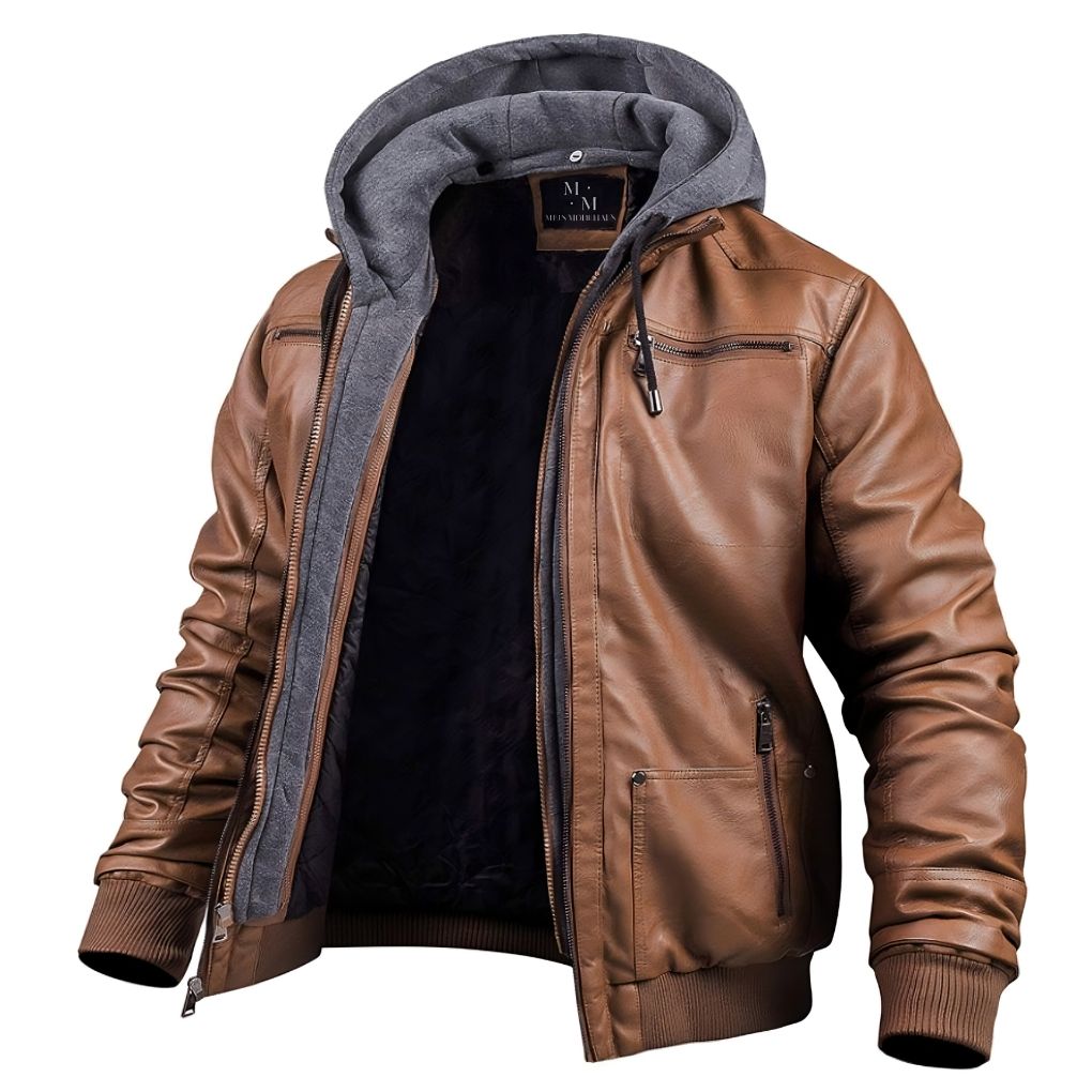 A men's hooded leather jacket with a stylish and modern design, featuring a durable leather exterior, a comfortable hood, and multiple functional pockets, perfect for casual or evening wear.
