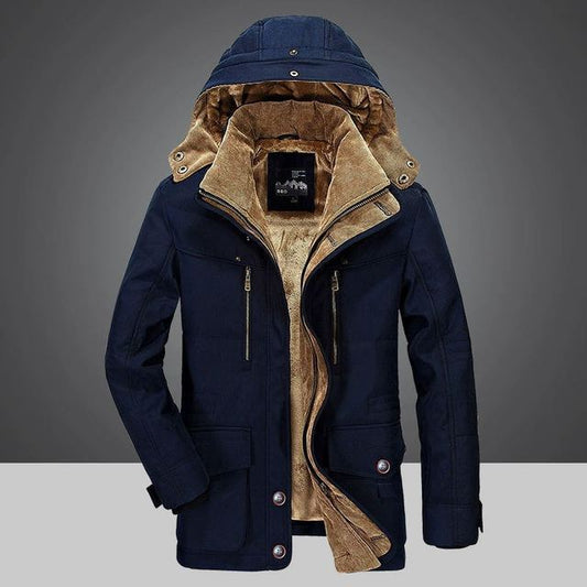 Men's insulated hooded jacket featuring a stylish design with a warm inner lining and multiple functional pockets, ideal for winter wear and outdoor adventures.