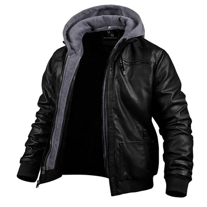 A men's hooded leather jacket with a stylish and modern design, featuring a durable leather exterior, a comfortable hood, and multiple functional pockets, perfect for casual or evening wear.
