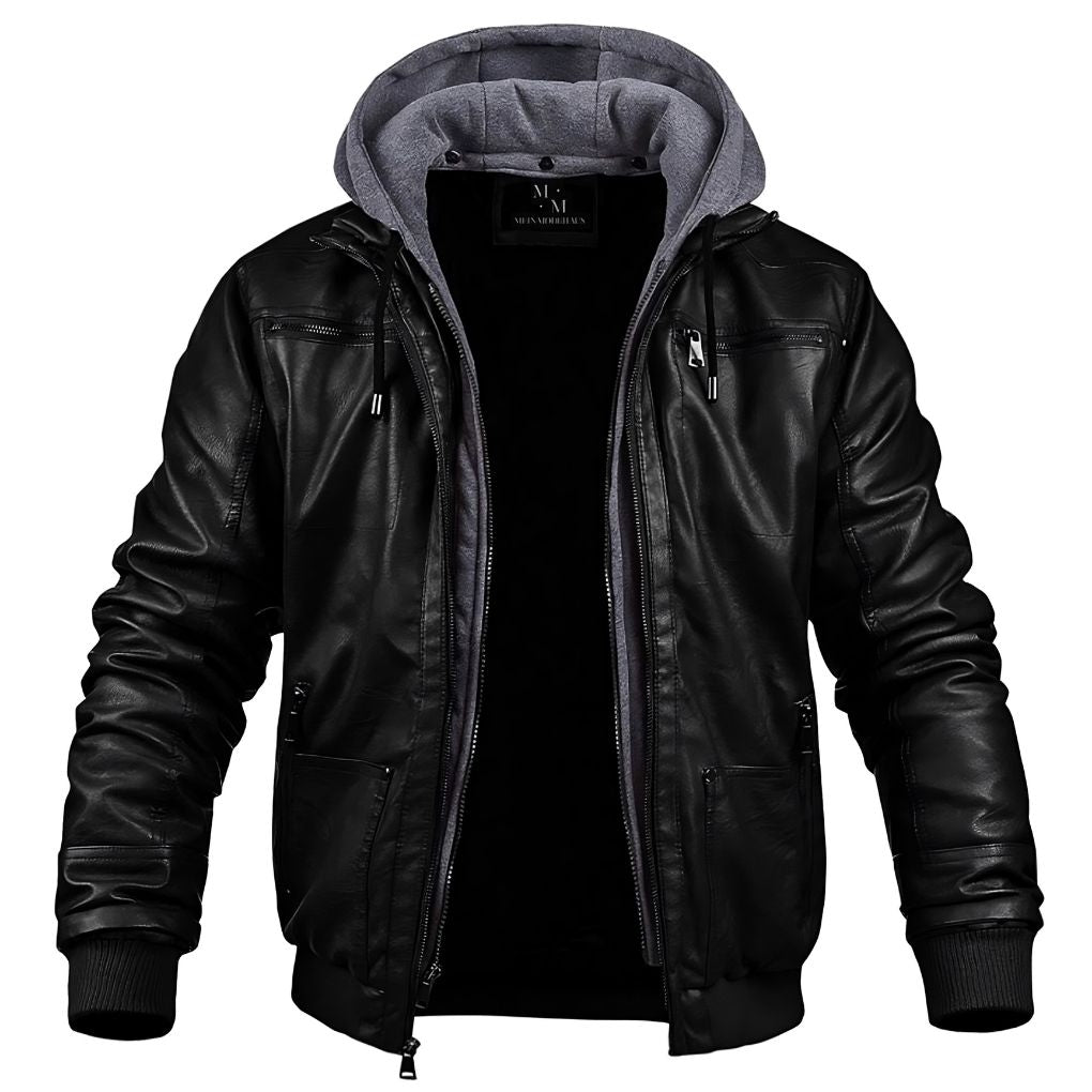 A men's hooded leather jacket with a stylish and modern design, featuring a durable leather exterior, a comfortable hood, and multiple functional pockets, perfect for casual or evening wear.