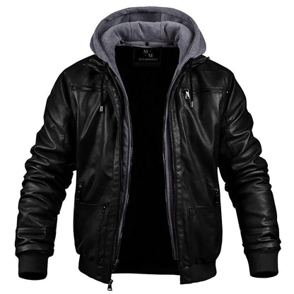 A men's hooded leather jacket with a stylish and modern design, featuring a durable leather exterior, a comfortable hood, and multiple functional pockets, perfect for casual or evening wear.