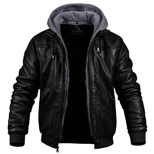 A men's hooded leather jacket with a stylish and modern design, featuring a durable leather exterior, a comfortable hood, and multiple functional pockets, perfect for casual or evening wear.