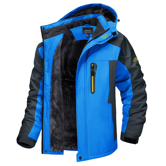 A men's waterproof jacket designed for outdoor use, featuring a durable insulated lining, multiple functional pockets, and an adjustable hood for maximum protection and comfort in harsh weather conditions.