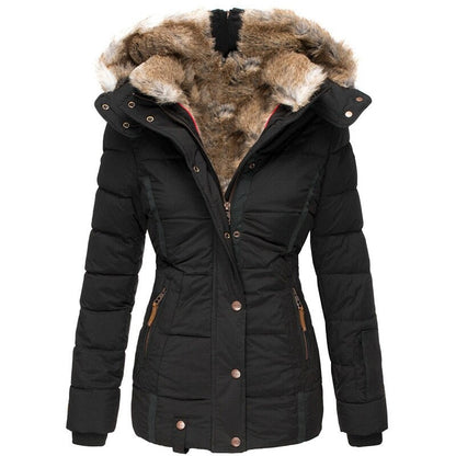 A women's insulated winter jacket featuring a functional design with a fur-lined hood, multiple pockets, and a flattering fit, ideal for cold-weather protection and stylish outdoor wear.