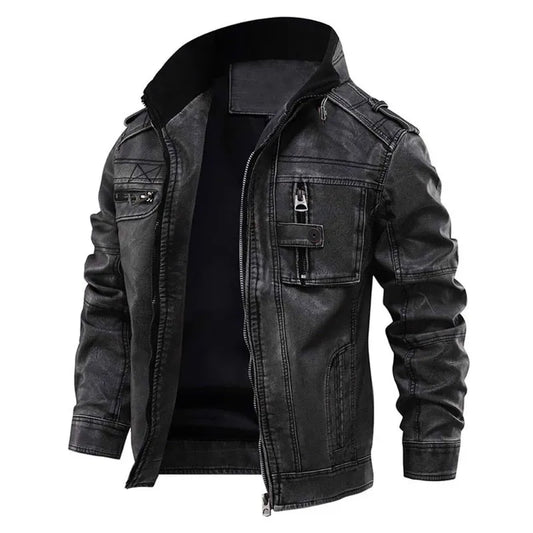 Men's leather jacket with modern design, featuring multiple pockets, a zip-up front, and a stylish collar for versatile outerwear.