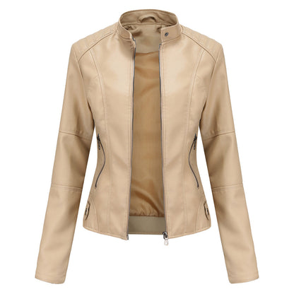 A women's fitted leather jacket featuring a sleek modern design with tailored details and zippered accents, perfect for casual outings or adding a chic touch to any outfit.
