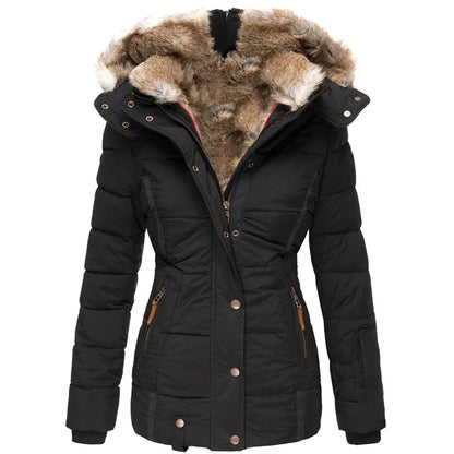 Stylish women's insulated jacket featuring a fur-lined hood, zip-up front, and multiple pockets, perfect for winter wear and outdoor adventures.