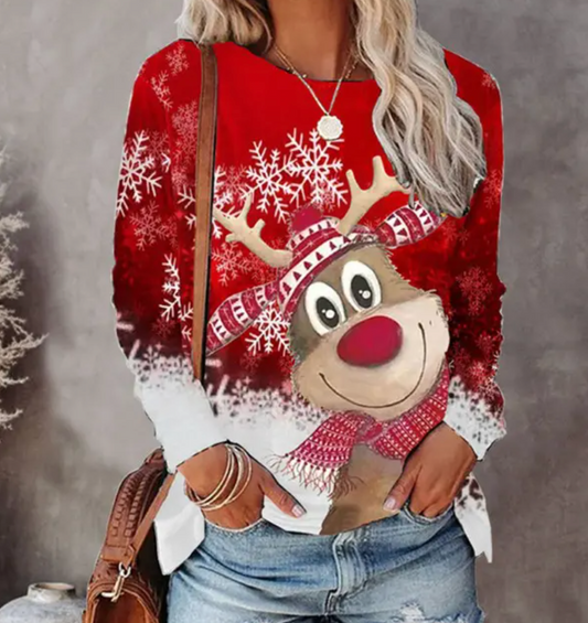 A festive women's sweater featuring a cheerful reindeer design with snowflake accents, styled casually with jeans and accessories, perfect for holiday gatherings and winter celebrations.