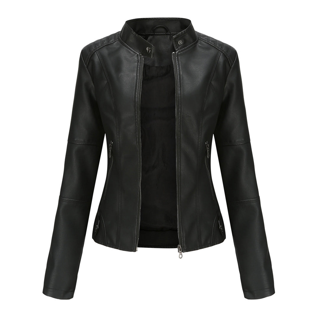 A women's fitted leather jacket featuring a sleek modern design with tailored details and zippered accents, perfect for casual outings or adding a chic touch to any outfit.