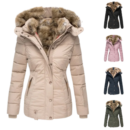 A women's puffer jacket featuring a cozy faux fur lining, a stylish hood, and secure zippered pockets, designed for warmth and comfort during winter outings.
