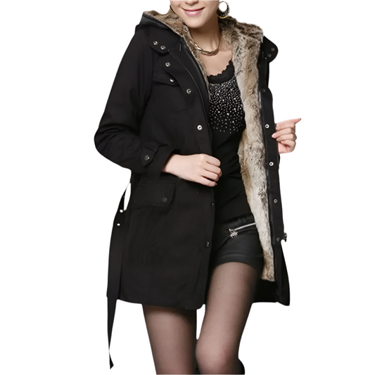 A women's faux fur-lined coat featuring a luxurious interior, a stylish hood, and a belt, designed for cozy warmth and elegant winter wear.