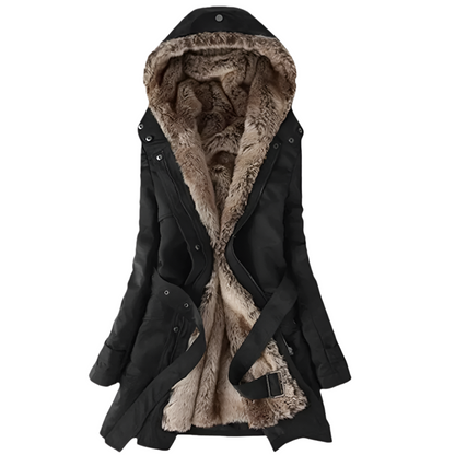 A women's faux fur-lined coat featuring a luxurious interior, a stylish hood, and a belt, designed for cozy warmth and elegant winter wear.