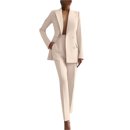 A women's tailored pantsuit featuring a sleek, sophisticated design with a double-breasted blazer and matching trousers, perfect for formal events, business meetings, or chic occasions.