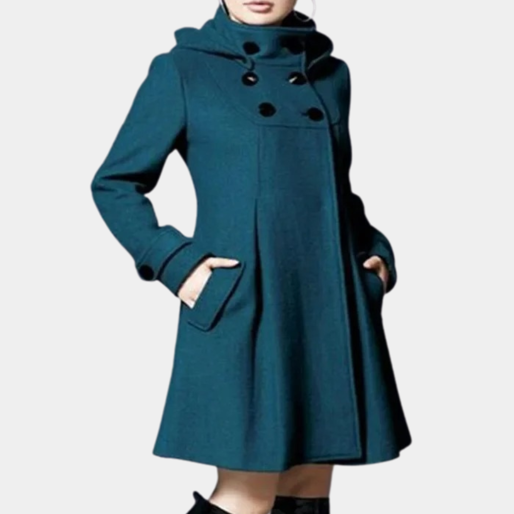 Elegant women's coat with a tailored fit and sophisticated design, featuring a high collar and button details for a timeless and refined look.