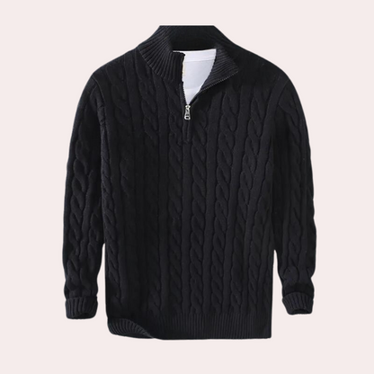 A men's cable knit sweater featuring a classic design with a zip-up collar, tailored for warmth and style, perfect for casual wear or layering in colder weather.