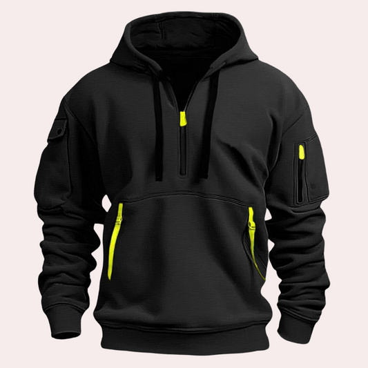 Stylish men's hoodie featuring a functional design with zippers, adjustable drawstrings, and multiple pockets for practicality and modern appeal.