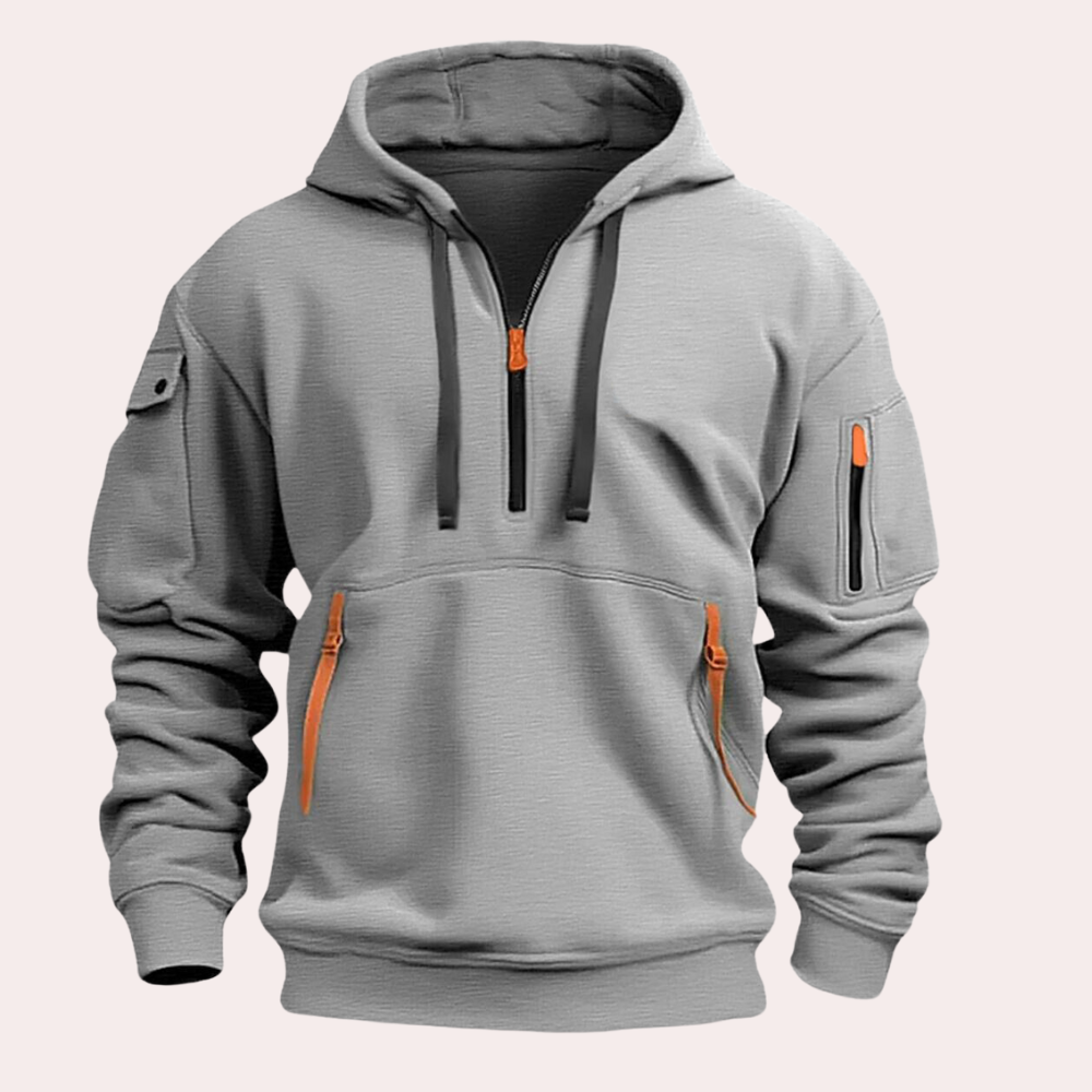 Stylish men's hoodie featuring a functional design with zippers, adjustable drawstrings, and multiple pockets for practicality and modern appeal.