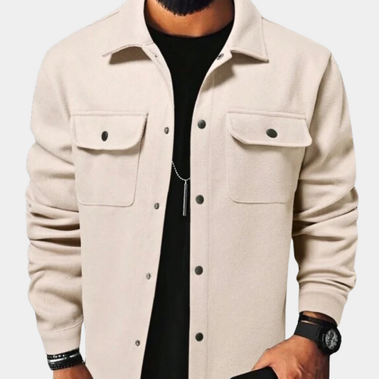 Men's stylish shirt jacket with a modern design, featuring functional pockets and snap button closures, perfect for versatile casual and smart-casual looks.