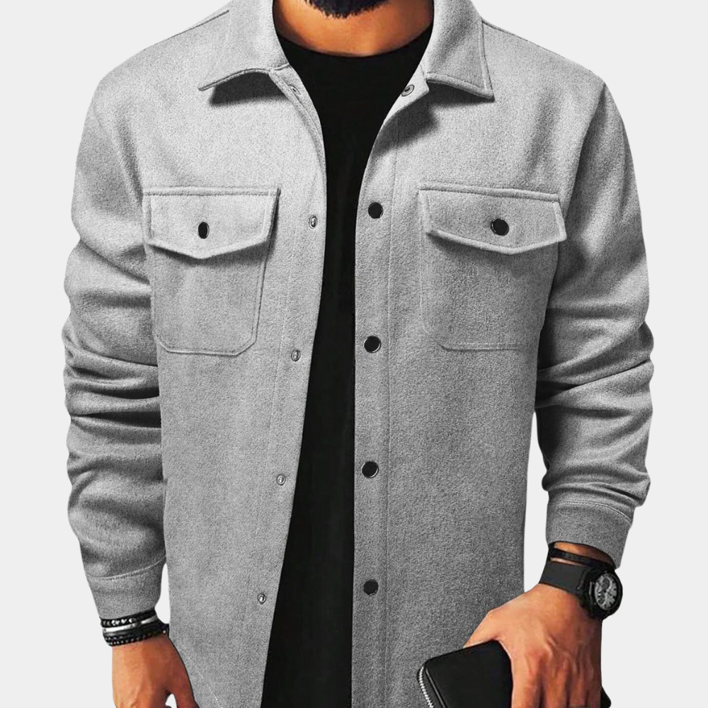 Men's stylish shirt jacket with a modern design, featuring functional pockets and snap button closures, perfect for versatile casual and smart-casual looks.