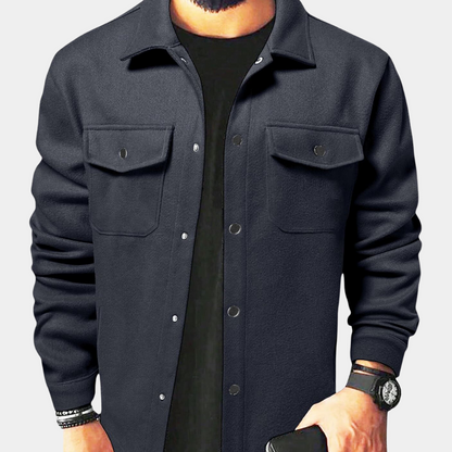 Men's stylish shirt jacket with a modern design, featuring functional pockets and snap button closures, perfect for versatile casual and smart-casual looks.