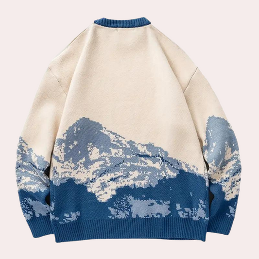 Oversized women's sweater featuring a unique artistic landscape pattern, designed for a cozy and stylish look, perfect for casual and chilly days.