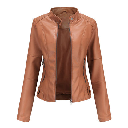 A women's fitted leather jacket featuring a sleek modern design with tailored details and zippered accents, perfect for casual outings or adding a chic touch to any outfit.