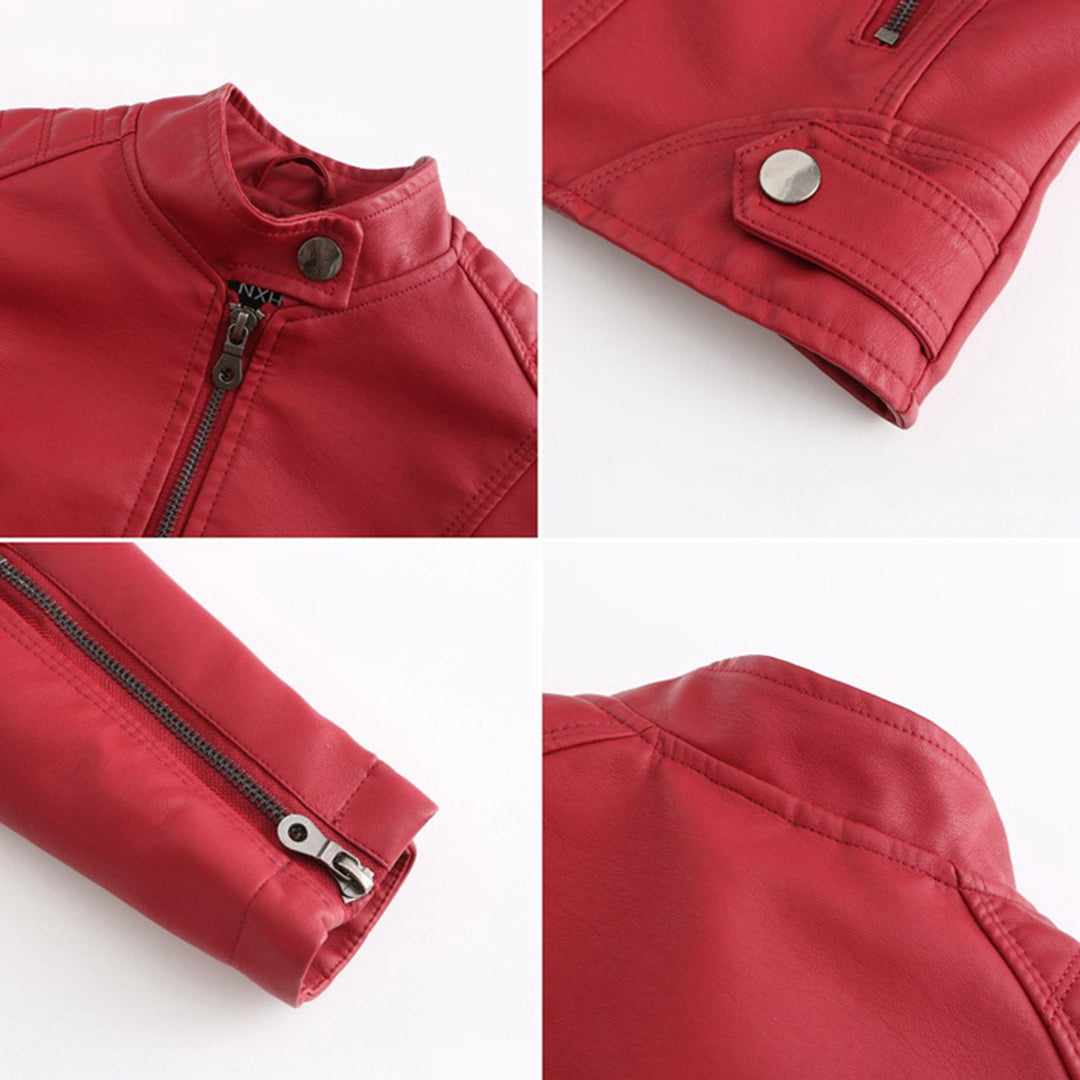 A women's fitted leather jacket featuring a sleek modern design with tailored details and zippered accents, perfect for casual outings or adding a chic touch to any outfit.