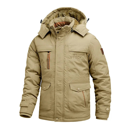 A men's insulated jacket with a durable design, featuring multiple pockets, a warm hood, and sturdy construction for outdoor adventures and cold-weather protection.