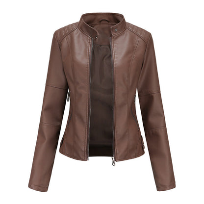 A women's fitted leather jacket featuring a sleek modern design with tailored details and zippered accents, perfect for casual outings or adding a chic touch to any outfit.
