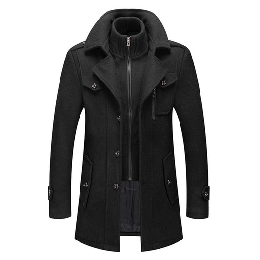 A men's tailored overcoat featuring a modern design with structured details, a sleek fit, and practical pockets, perfect for formal occasions or adding sophistication to everyday wear.