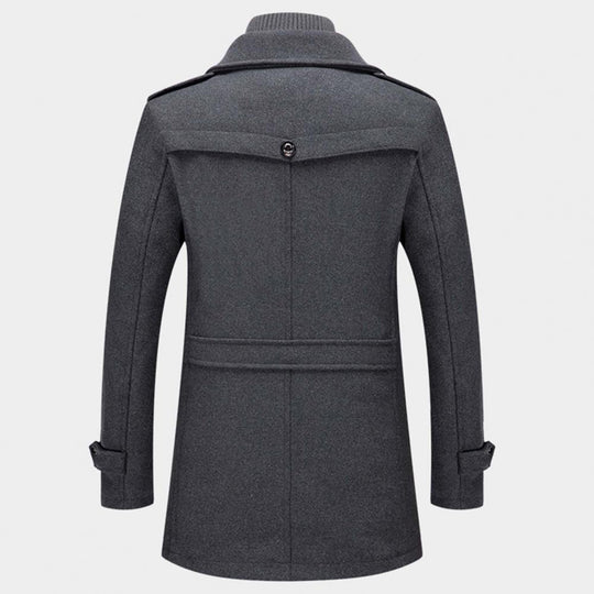 A men's tailored overcoat featuring a modern design with structured details, a sleek fit, and practical pockets, perfect for formal occasions or adding sophistication to everyday wear.