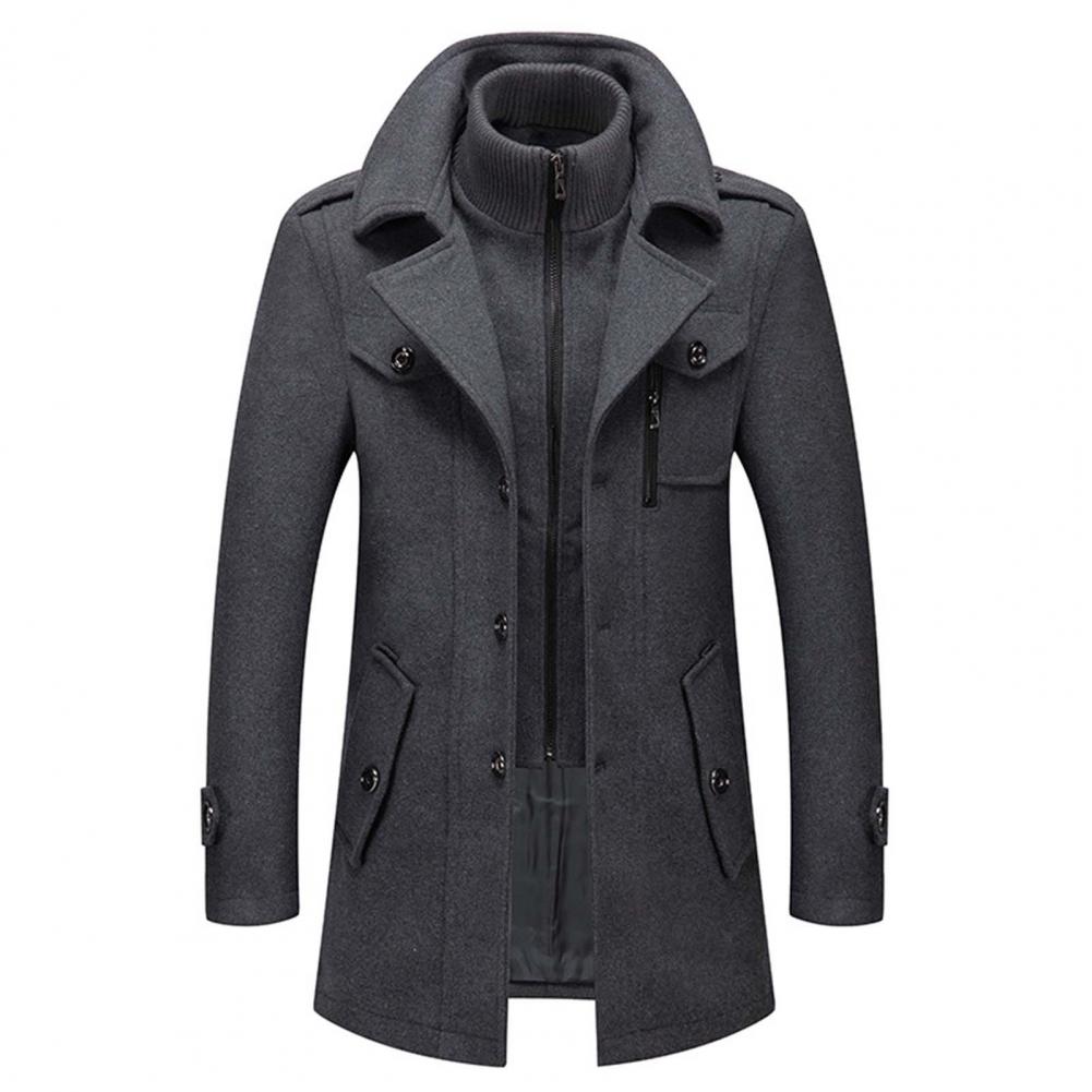 A men's tailored overcoat featuring a modern design with structured details, a sleek fit, and practical pockets, perfect for formal occasions or adding sophistication to everyday wear.