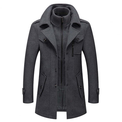 A men's tailored overcoat featuring a modern design with structured details, a sleek fit, and practical pockets, perfect for formal occasions or adding sophistication to everyday wear.
