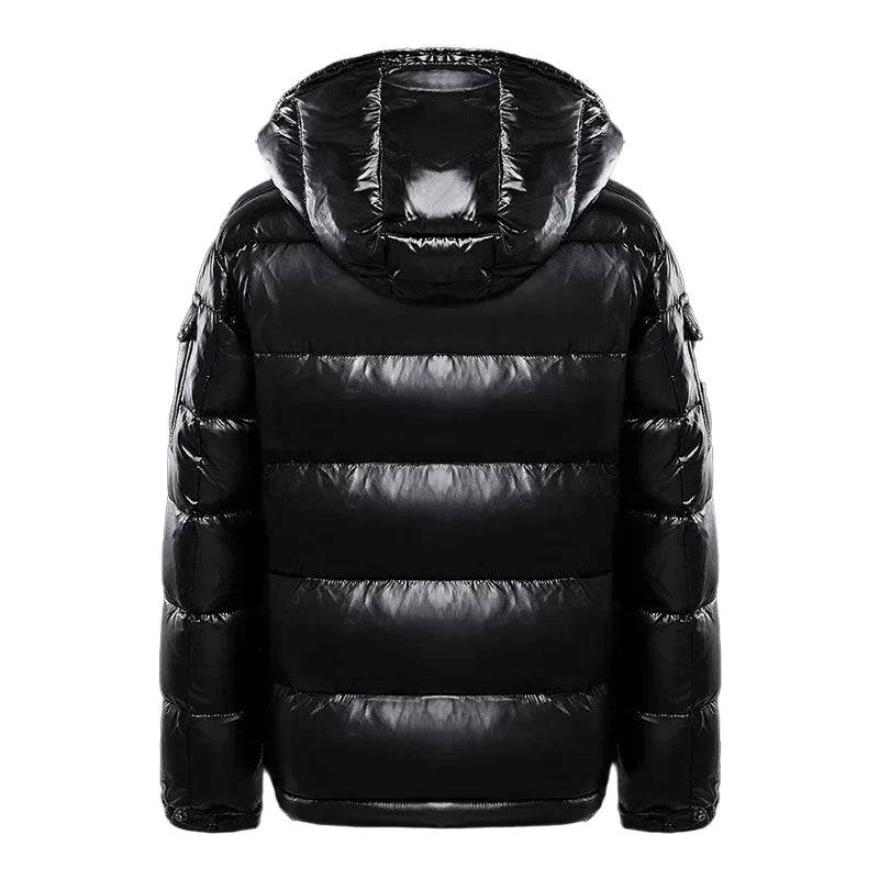 Front view of a men's quilted puffer jacket with a hood, showcasing its insulated design for warmth and comfort.