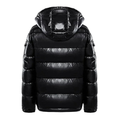 Front view of a men's quilted puffer jacket with a hood, showcasing its insulated design for warmth and comfort.