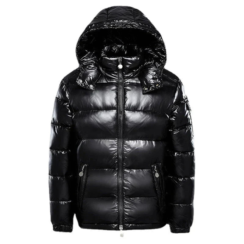 Front view of a men's quilted puffer jacket with a hood, showcasing its insulated design for warmth and comfort.