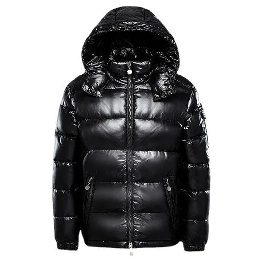 Front view of a men's quilted puffer jacket with a hood, showcasing its insulated design for warmth and comfort.