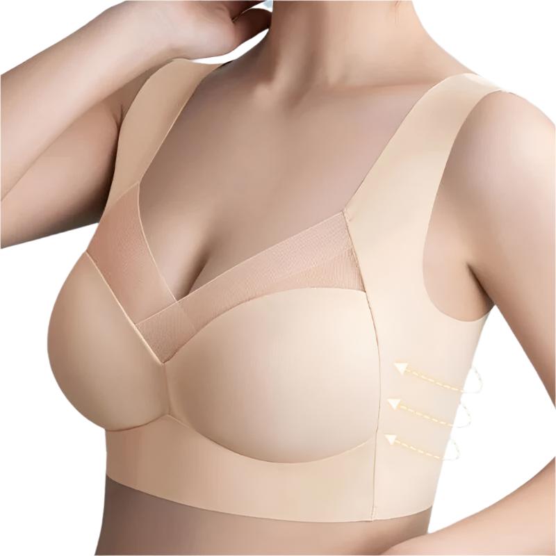 Close-up view of a women's seamless bra with wide straps and supportive design, highlighting its smooth and comfortable fit.