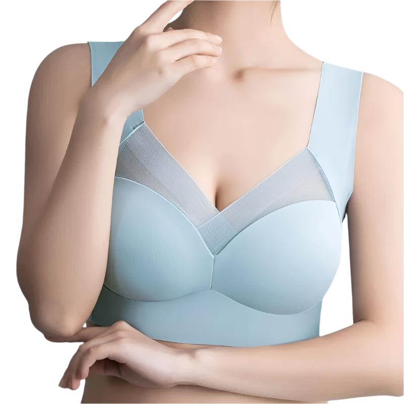 Close-up view of a women's seamless bra with wide straps and supportive design, highlighting its smooth and comfortable fit.