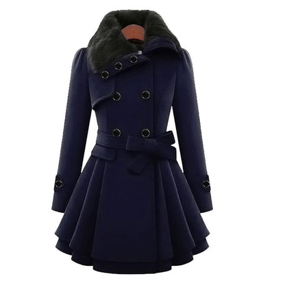 A women's flared coat featuring an elegant design with a double-breasted front, tailored waist, and luxurious details, perfect for adding sophistication and style to any outfit.