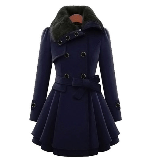 A women's flared coat featuring an elegant design with a double-breasted front, tailored waist, and luxurious details, perfect for adding sophistication and style to any outfit.