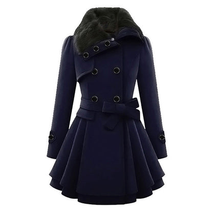 A women's flared coat featuring an elegant design with a double-breasted front, tailored waist, and luxurious details, perfect for adding sophistication and style to any outfit.