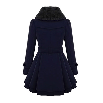 A women's flared coat featuring an elegant design with a double-breasted front, tailored waist, and luxurious details, perfect for adding sophistication and style to any outfit.
